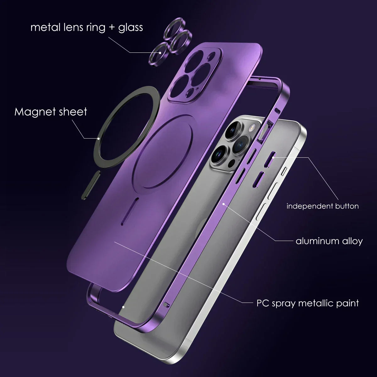 Magnetic Case for iPhone 13 14 15 Pro Max | Aluminum Frame Magsafe Cover with Glass Back & Lens Protection