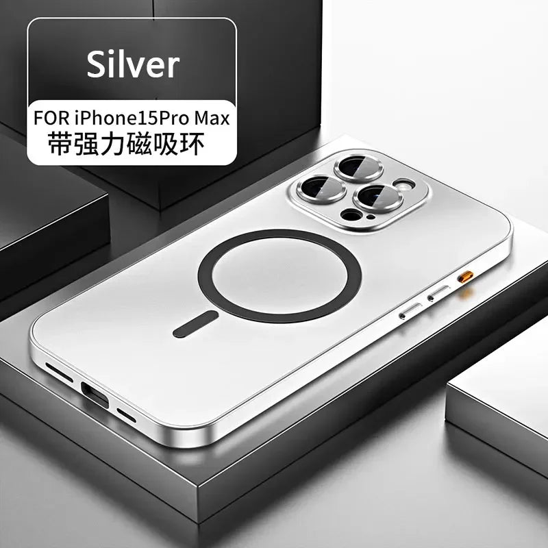 Magnetic Case for iPhone 13 14 15 Pro Max | Aluminum Frame Magsafe Cover with Glass Back & Lens Protection